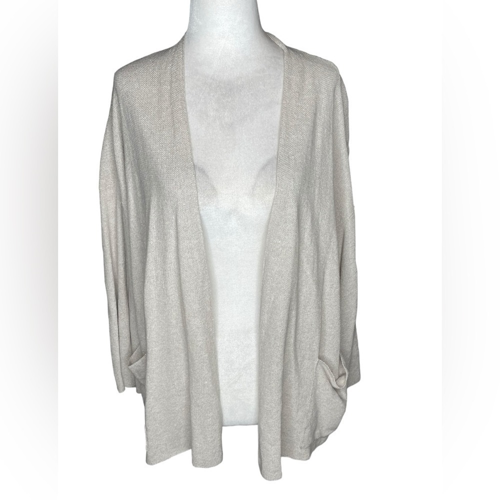 Eileen Fisher Organ Linen & Cotton Blend Front Pockets Open Knit Cardigan Large